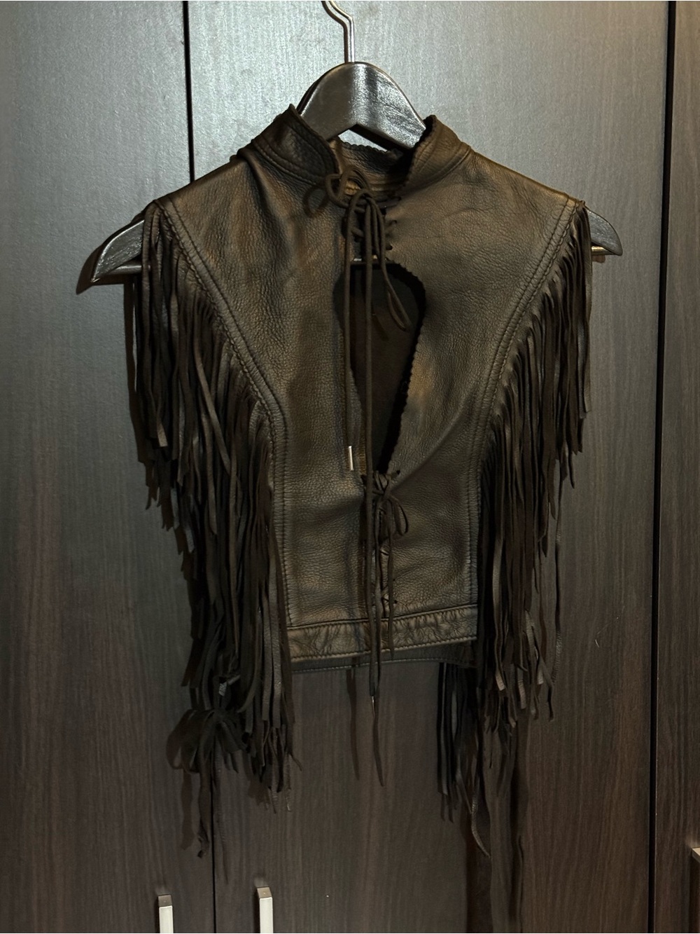 Black Fringe Leather Vest - wmns small